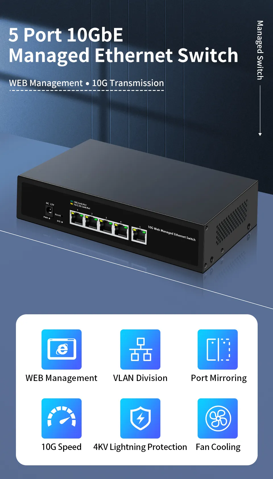 GoodTop 10G Switch 5 Port Web Managed Network Switch 10000Mbps
