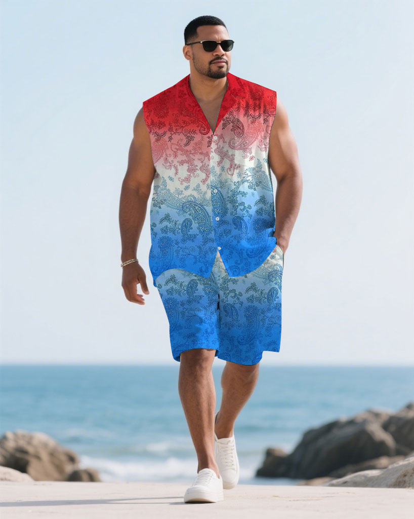 Hawaiian Men's Plus Size-Red & White & Blue Gradient Paisley Print Waistband Shirt Shorts Suit