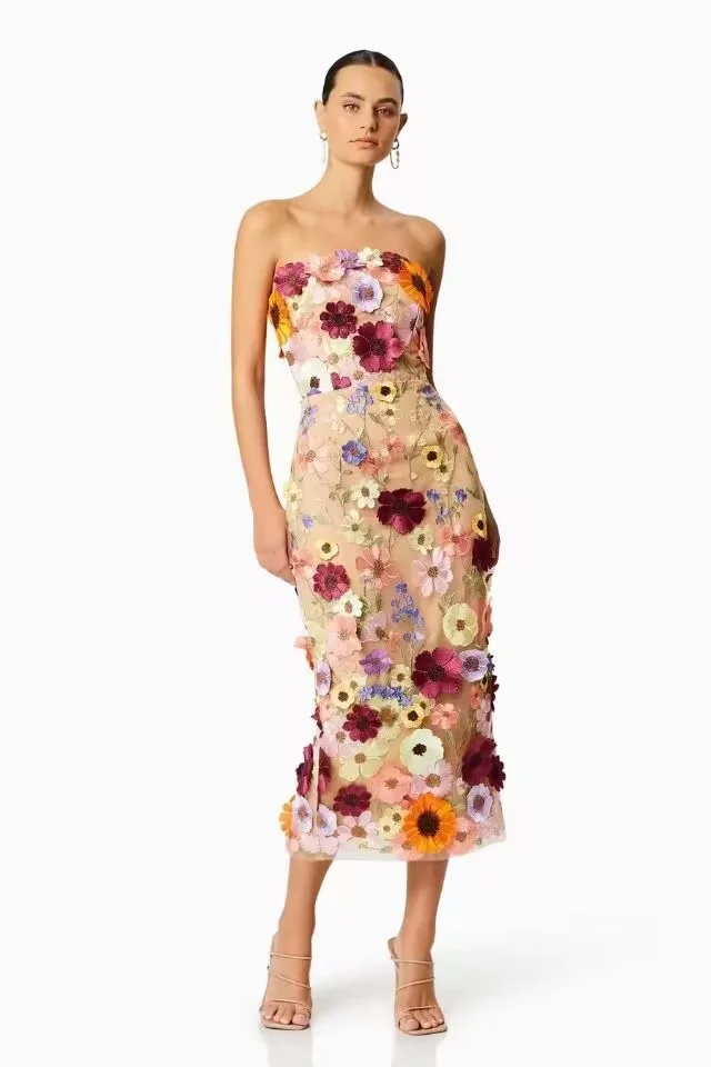 Brownm Brownm Spring Dresses Sexy Sleeveless Colorful Three-Dimensional Flowers Embroidered Dress With Broom And Broom