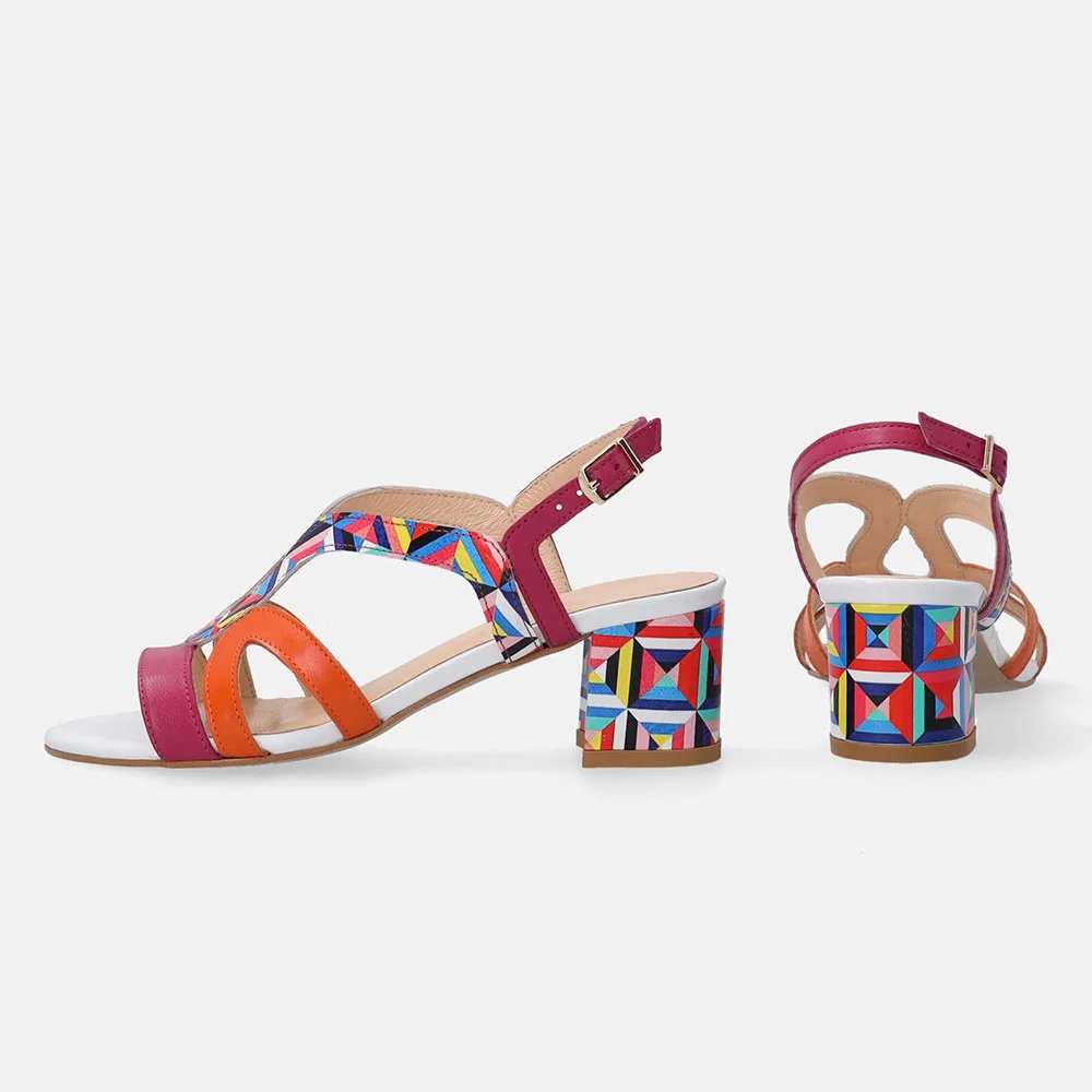 Multicolor Round Toe Ankle Strap Buckle Block Heel Sandals for Women