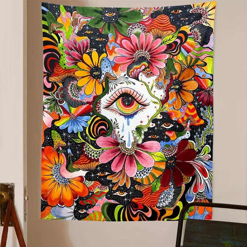 Psychedelic Mushroom Tapestry Wall Hanging Botanical Celestial Floral Tapestry Hippie Eye Wall Carpets Dorm Decor Starry Carpet