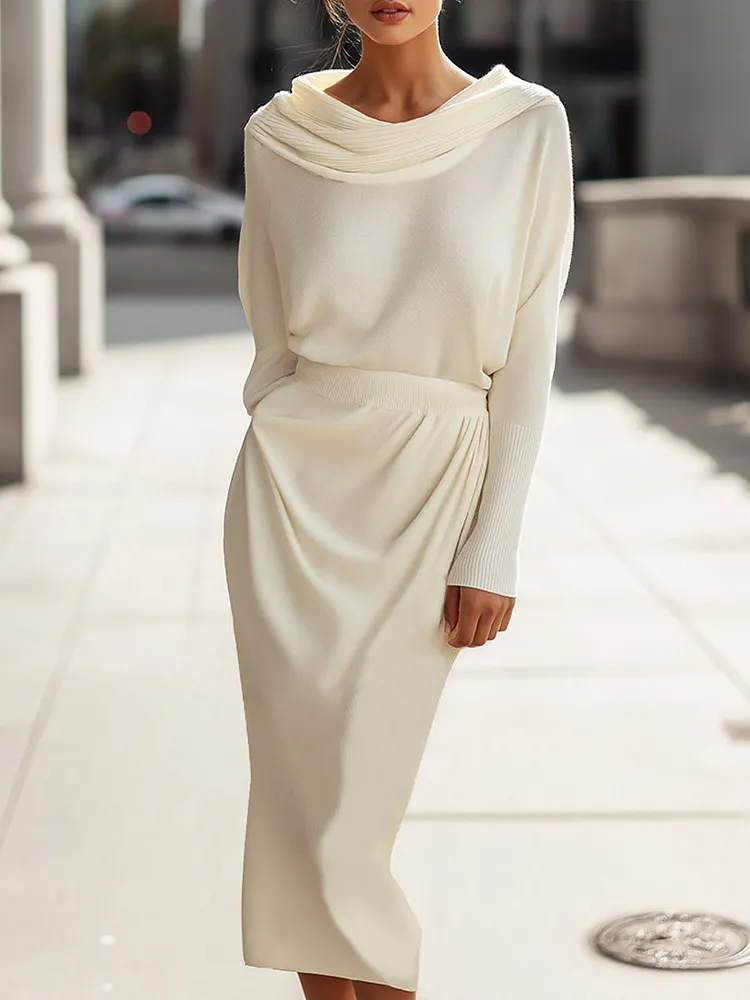 Elegant Draped Scarf Neck Knit Midi Skirt Set