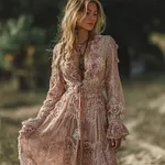 Boho Pink Roses Lace Art Flowy Linen Maxi Dress - Image 2
