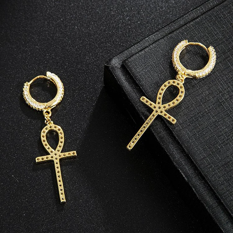 Iced Out Ankh Dangle Earrings Gold Silver Jewelry-VESSFUL