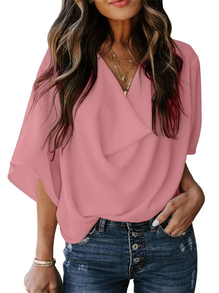 Europe and The United States Chiffon Solid Color Shirt Loose V-neck Flared Sleeves Casual Shirt T-shirt Women