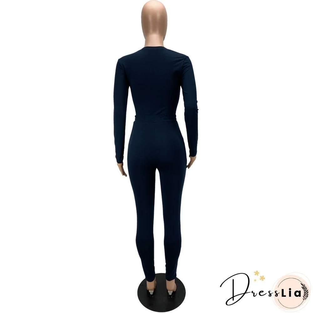 Solid Long Sleeve T Shirt Lace Up Pants Set