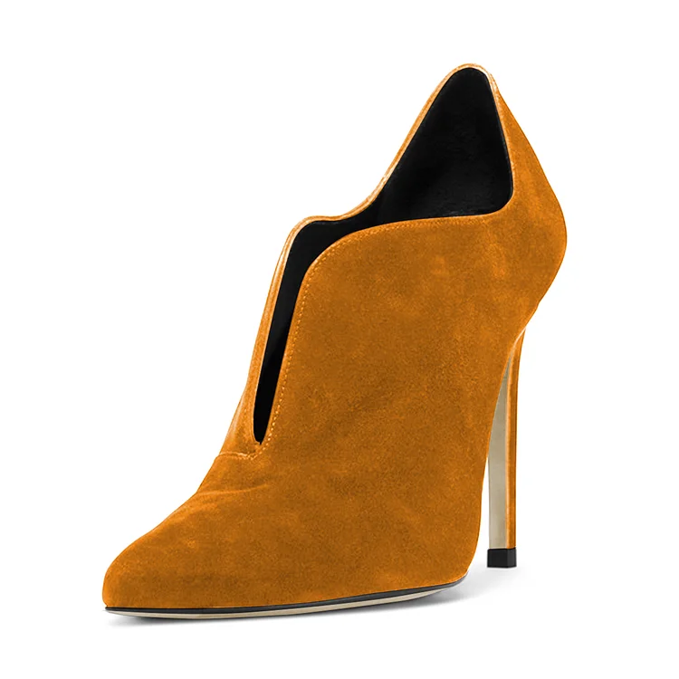 Fashion Mustard Stiletto Boots Vegan Suede Pointy Toe Heeled Ankle Boots |FSJ Shoes