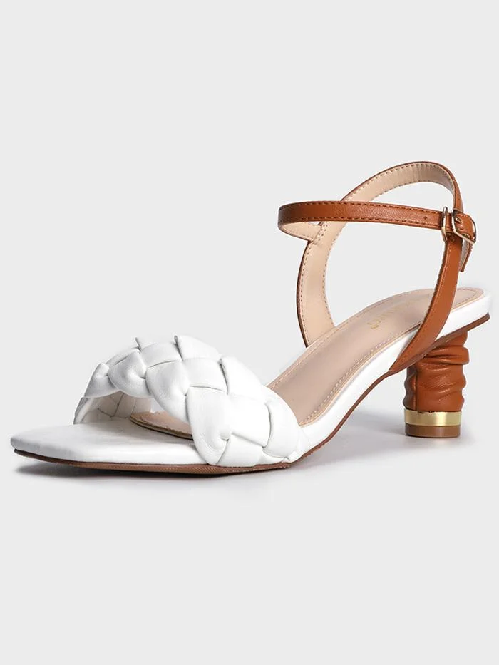 Woven square toe small chunky heel comfortable high heel sandals