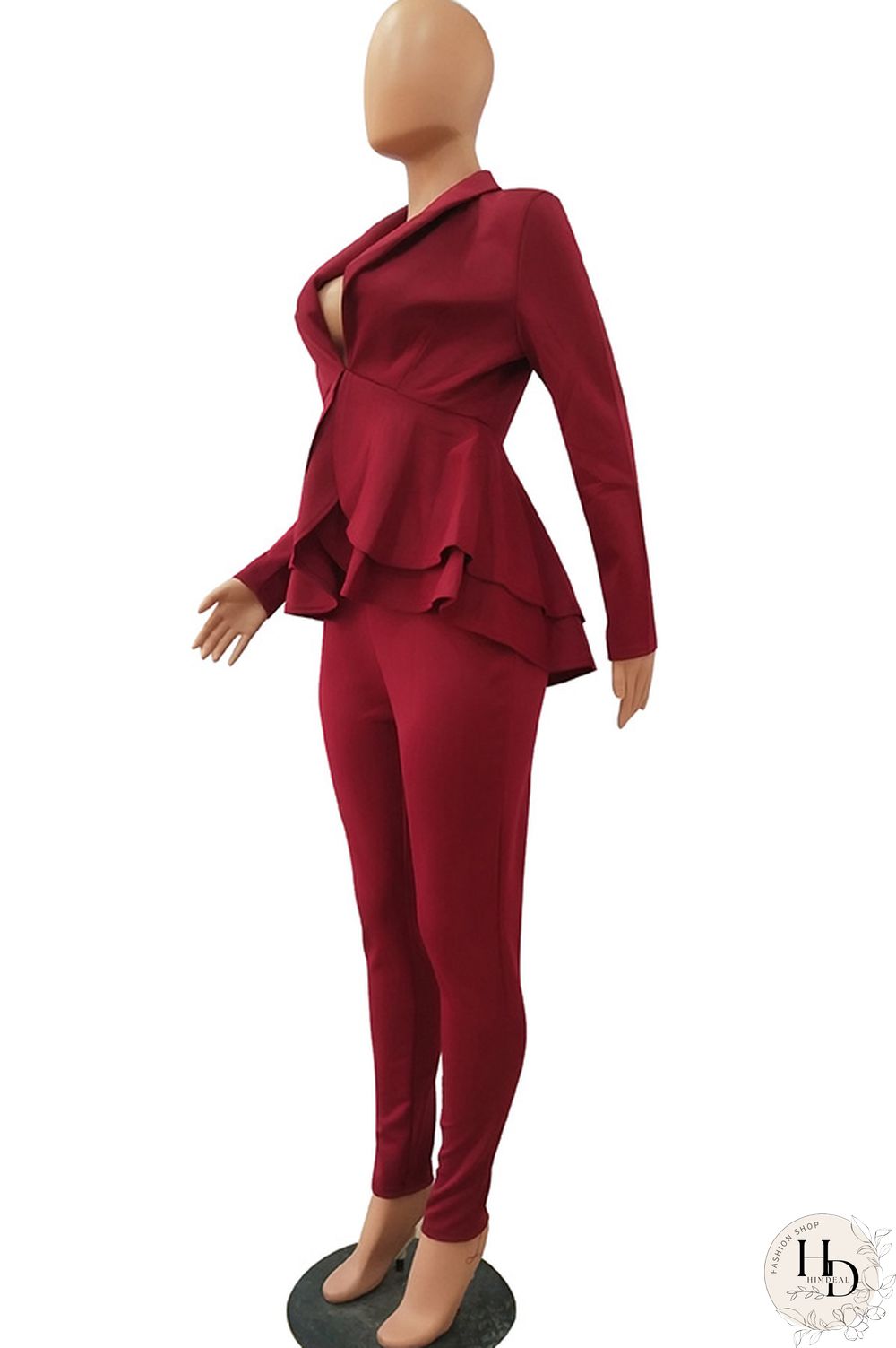 Black Casual Two Piece Suits Patchwork ruffle Solid pencil Long Sleeve