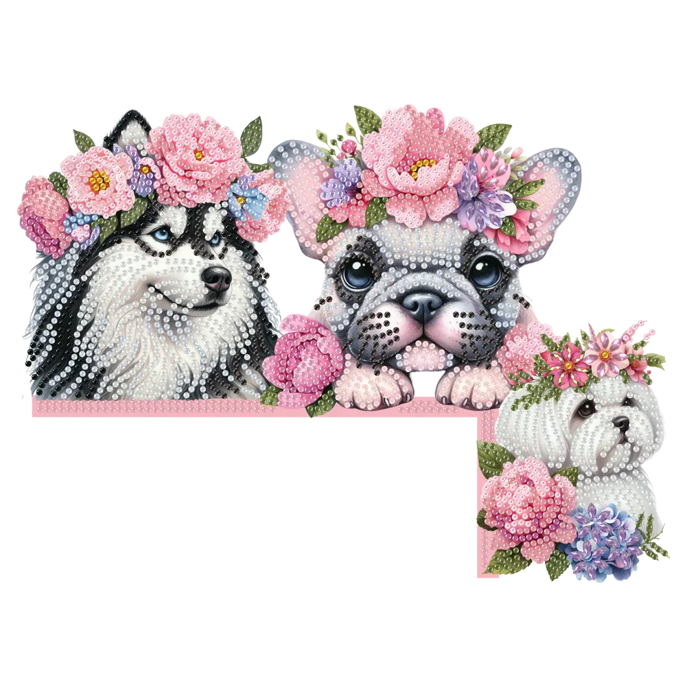 Dog Flowers 5D DIY Wooden Diamond Painting Door Topper for Party (Right)