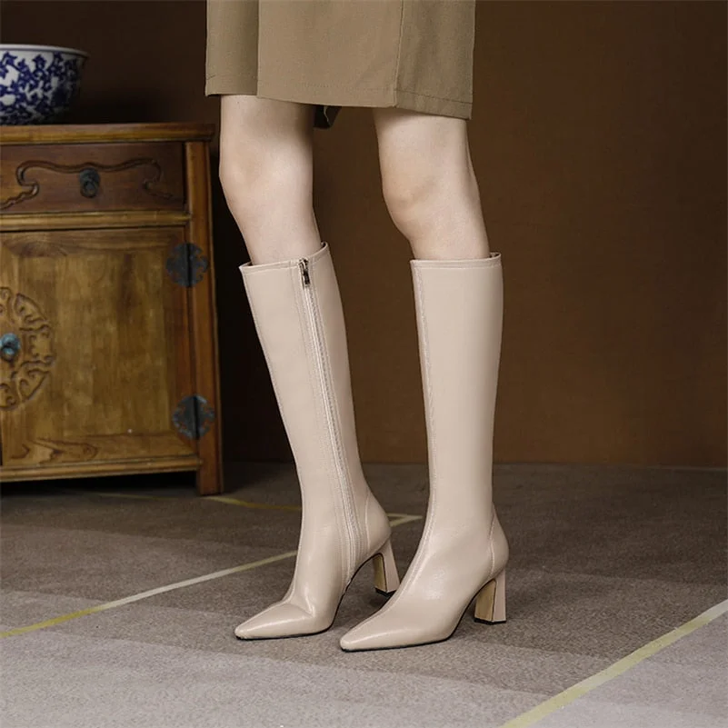 Meotina Women Genuine Leather Boots Thick High Heel Zipper Ladies Shoes Pointed Toe Knee High Boots Autumn Winter Apricot Black