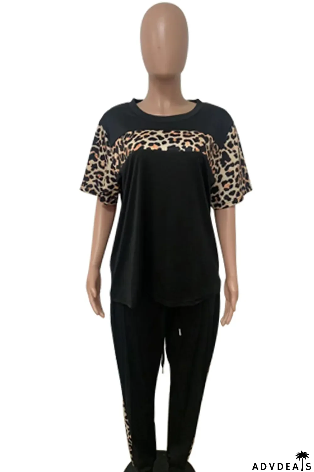 Black Casual Leopard Patchwork O Neck Plus Size Two Pieces