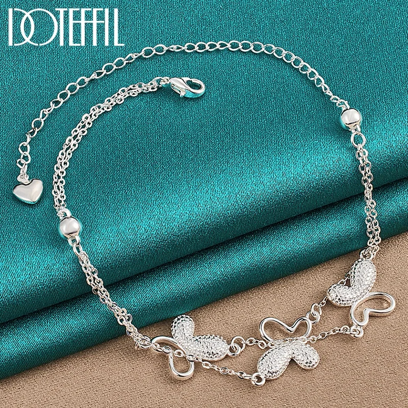 925 Sterling Silver Butterfly Heart Bead Chain Bracelet For Woman Jewelry