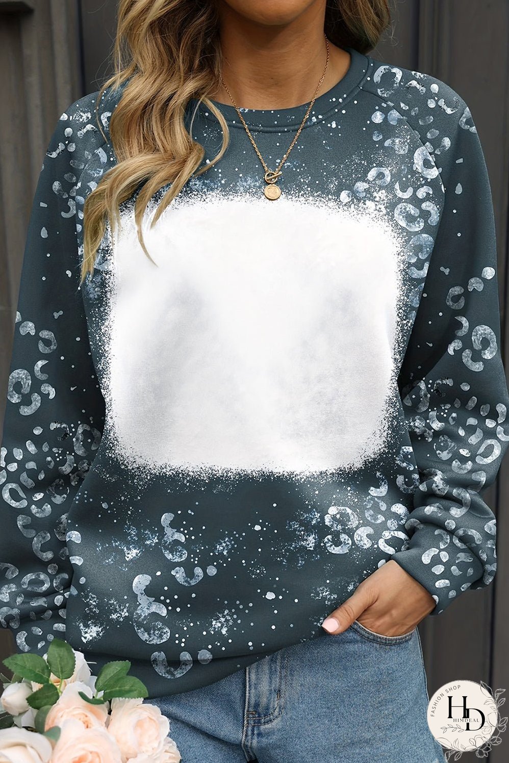 Blue Leopard Bleached Raglan Sleeve Crewneck Sweatshirt
