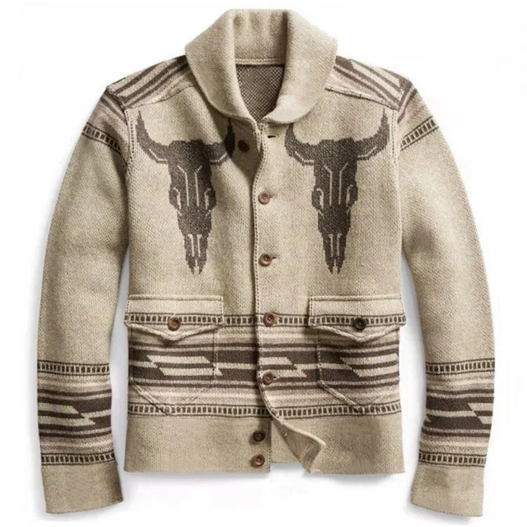 Men Retro Jacquard Lapel Cardigan Sweater