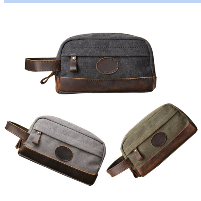 Mens Canvas Leather Toiletry Bag for Men Shaving Kit