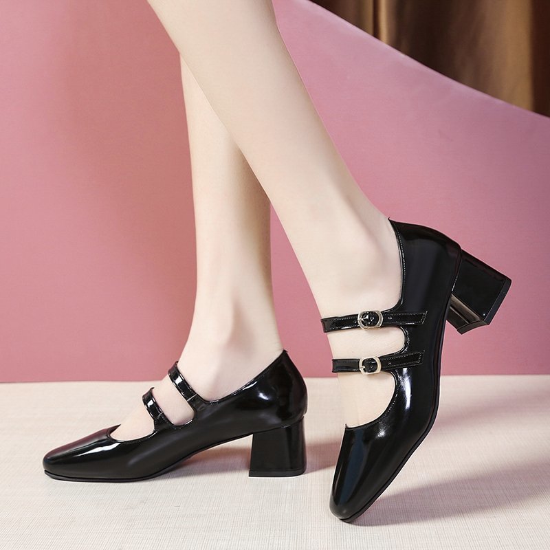 2021 Spring Autumn Women Double Buckle Mary Janes Shoes Patent Leather Dress Shoes High Heels Pumps Retro Ladies Shoe Black Red