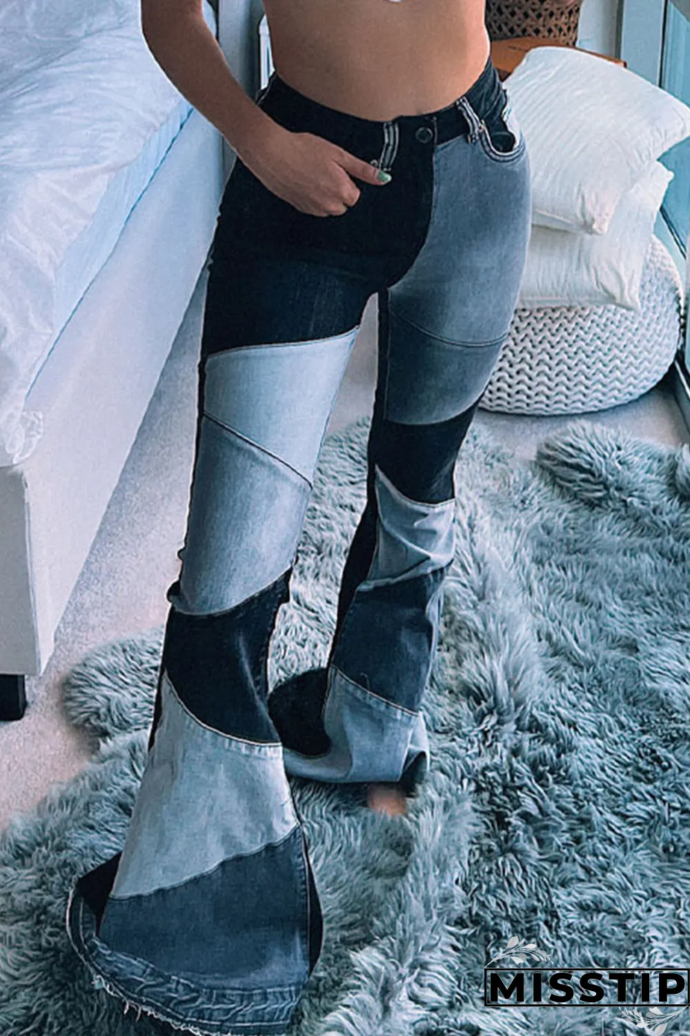 Blue Casual Patchwork Tear High Waist Boot Cut Denim Jeans