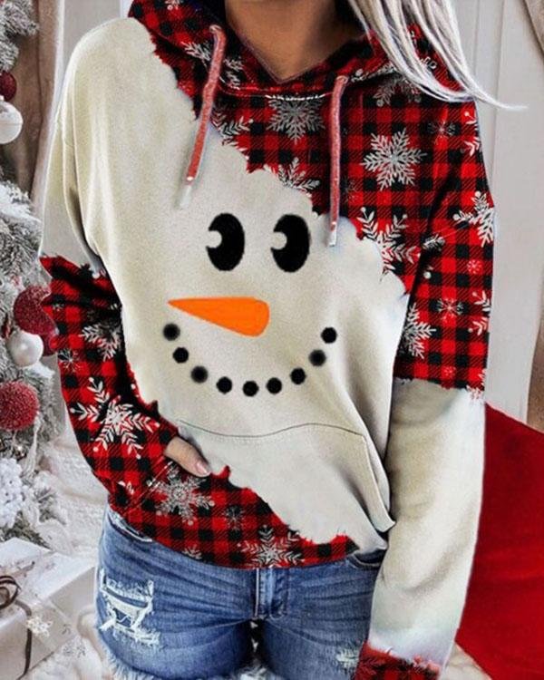Christmas Color Block Snowman Face Print Hoodie - Chicaggo