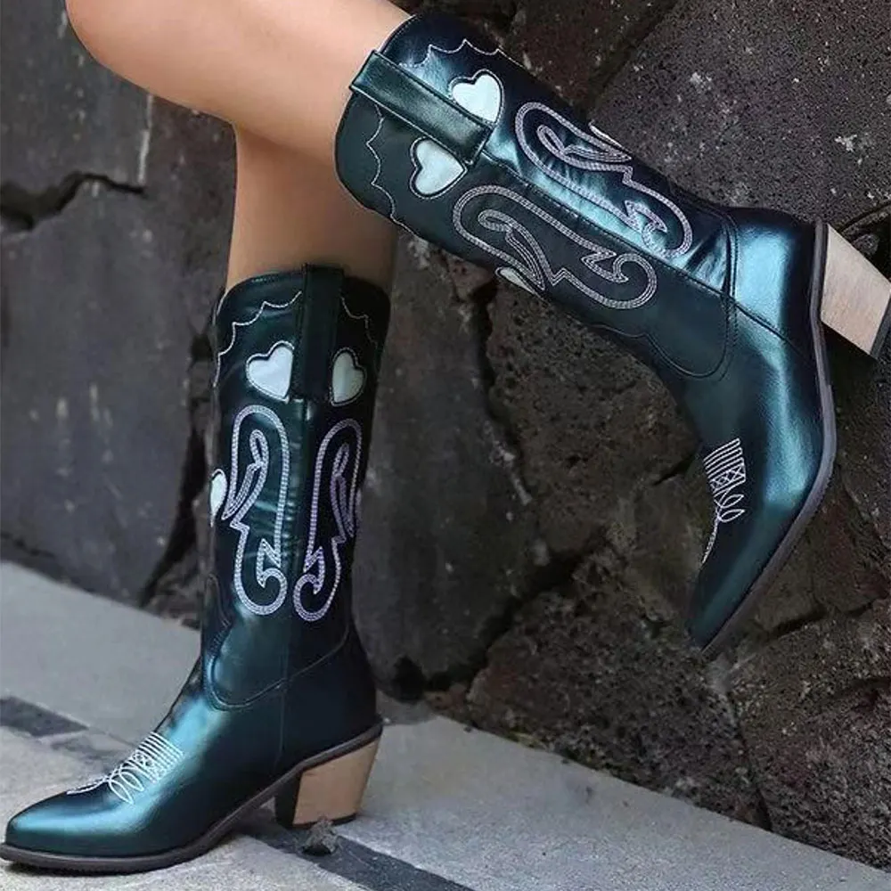 Green Snip Toe Mid Calf Embroidered Pull On Women's Western Boots