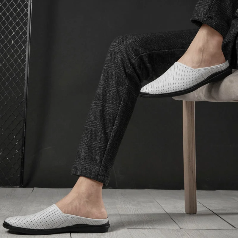 Luxury Design Half Shoes for Men Leisure Breathable Genuine Leather Mens Shoes Summer Slippers Men Loafers Slip-on Flip Flops