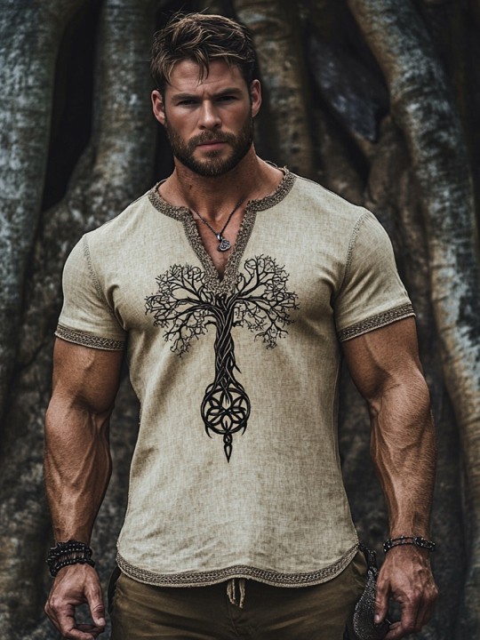 Men's Viking Celtic Mythical Tree Of Life Embroidered Shirt