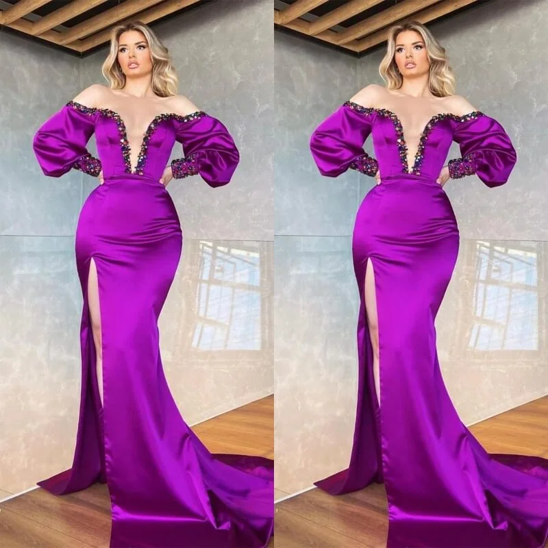 Bellasprom Purple Long Sleeves Mermaid Prom Dress Off The Shoulder Slit With Crystal 