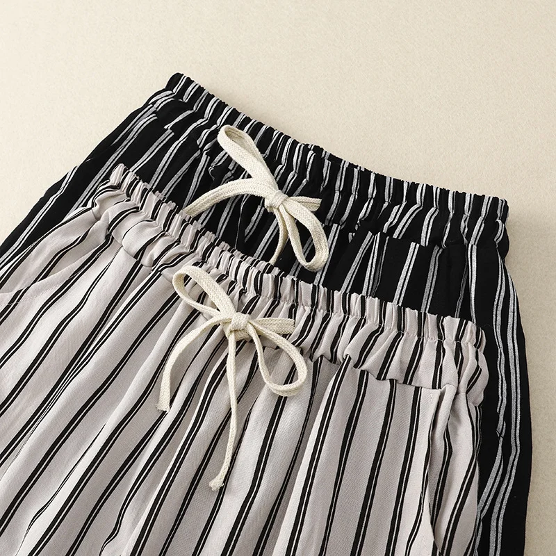 Uveng Uveng Summer New Striped Cotton Broad Legs Tight Waist Cover Meat Thin Harun Pants Women's Loose Leisure Pants