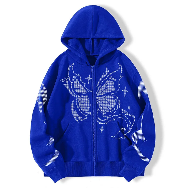 Y2K Butterfly Print Zip Up Hoodie HD Dotted Matrix Pattern Loose Sweater Jacket at Hiphopee