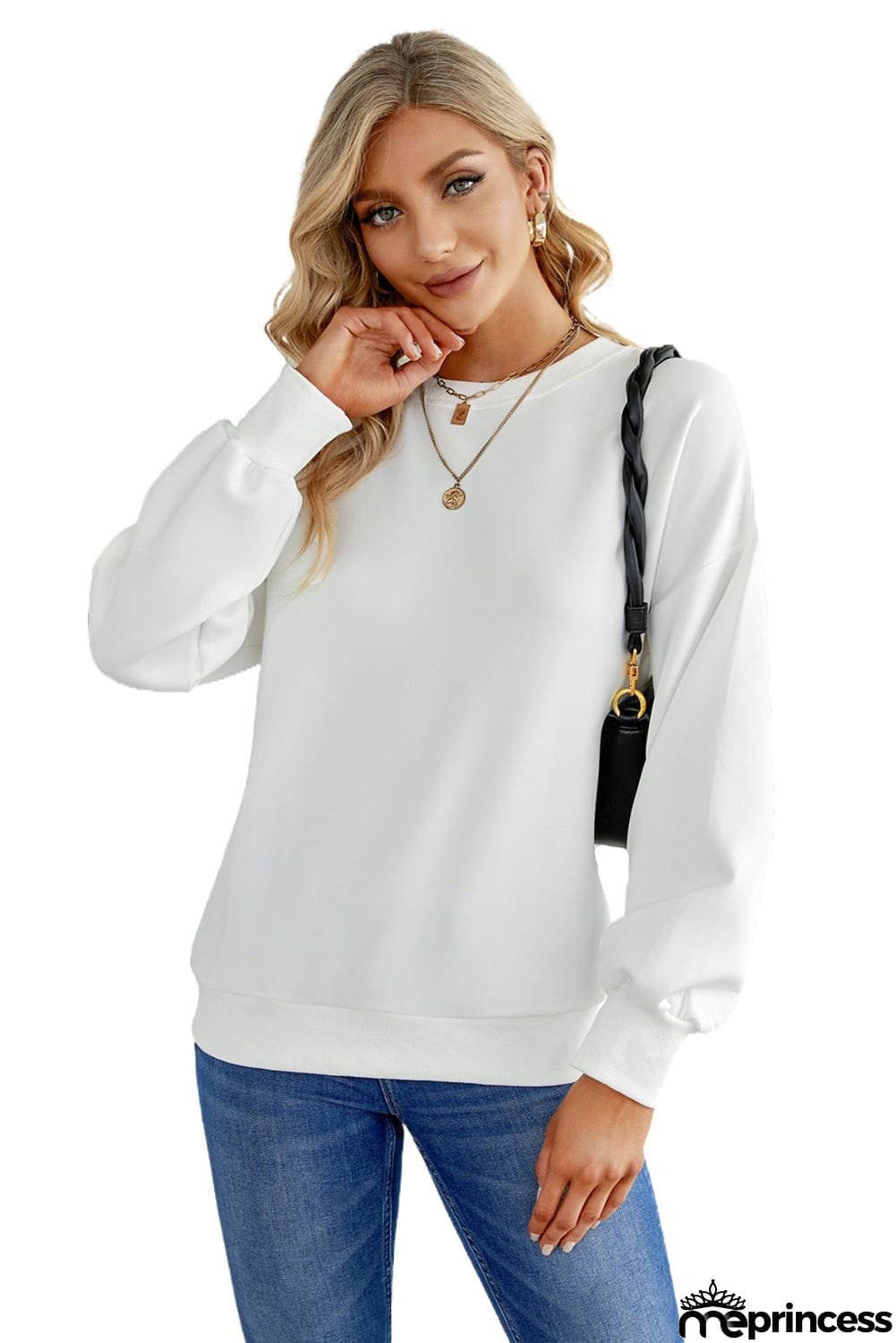 Plain Drop-shoulder Pullover Sweatshirt /Black/Green