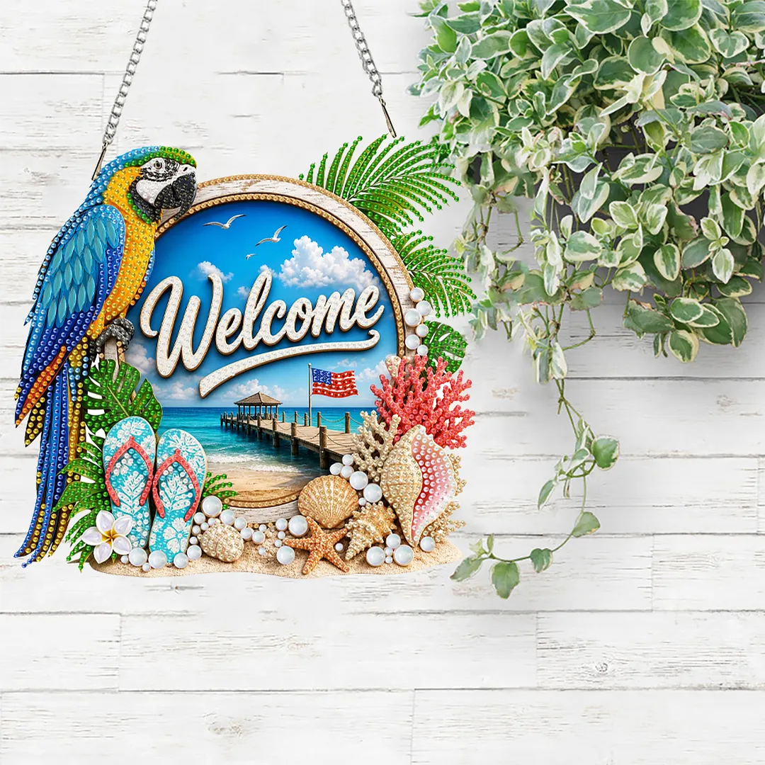 Parrot Beach Welcome Sign 2D Flat DIY PET Diamond Painting Pendant Special Shape Hanging Gem Art Paintings Charm Single Side Drill for Adults Home Wall Window Decor