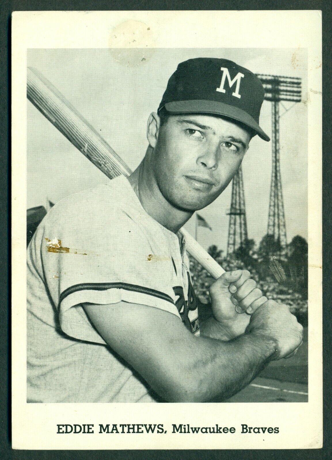 Original 1950's EDDIE MATHEWS Milwaukee Braves Team Issue B&W Photo Poster painting Card 5X7 VG