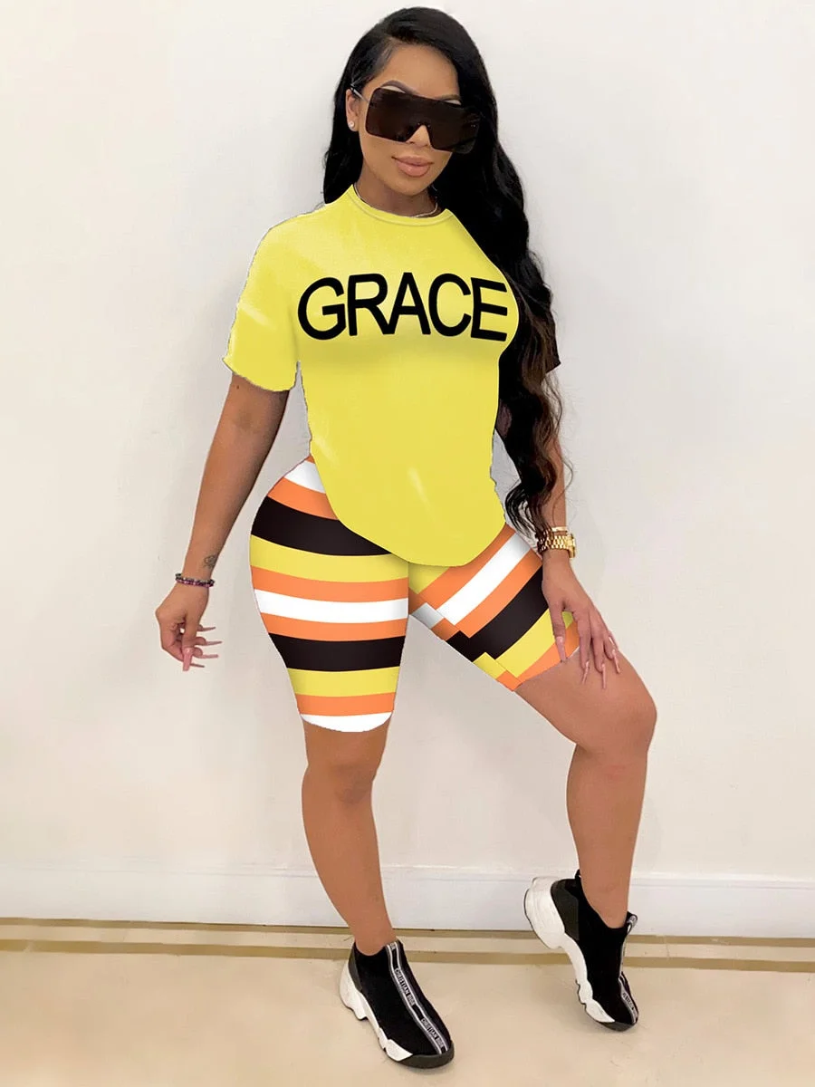 CM.YAYA Women Set Letter Print Short Sleeve O-neck Tops Striped Shorts Two 2 Piece Sets Active Tracksuit Summer Outfits 2021