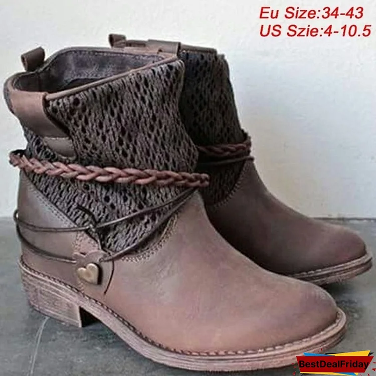 Women Fashion Leather Buckle Low Heels Ankle Booties Combat Martin Boots Plus Size 34-43
