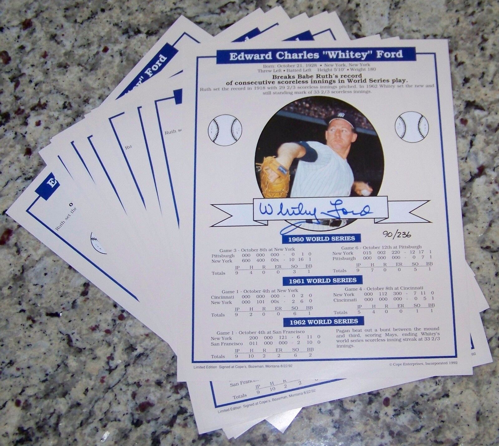 (10) Whitey Ford Signed Autographed Baseball 8x10 Photo Poster painting Stat Sheets JSA AH LOA!