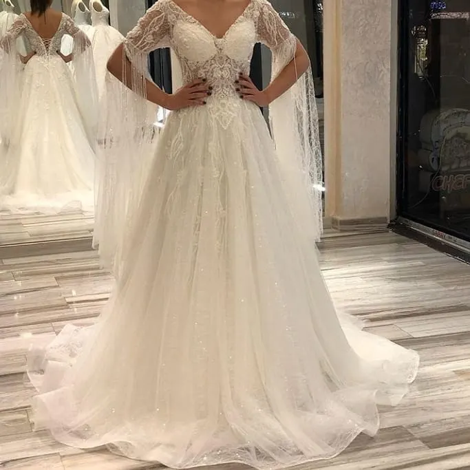 A-Line Deep V-neck Short Sleeves Backless Floor-length Wedding Dress With  Appliques Lace Pearl