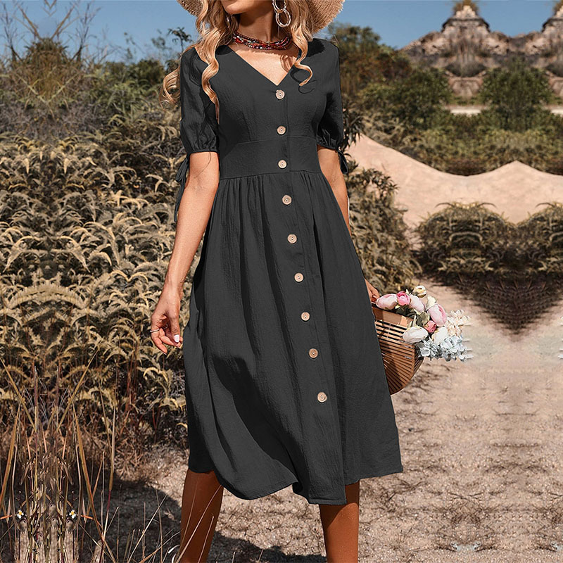 Retro Fashion V Neck Solid Color Loose Casual Tie Midi Dress