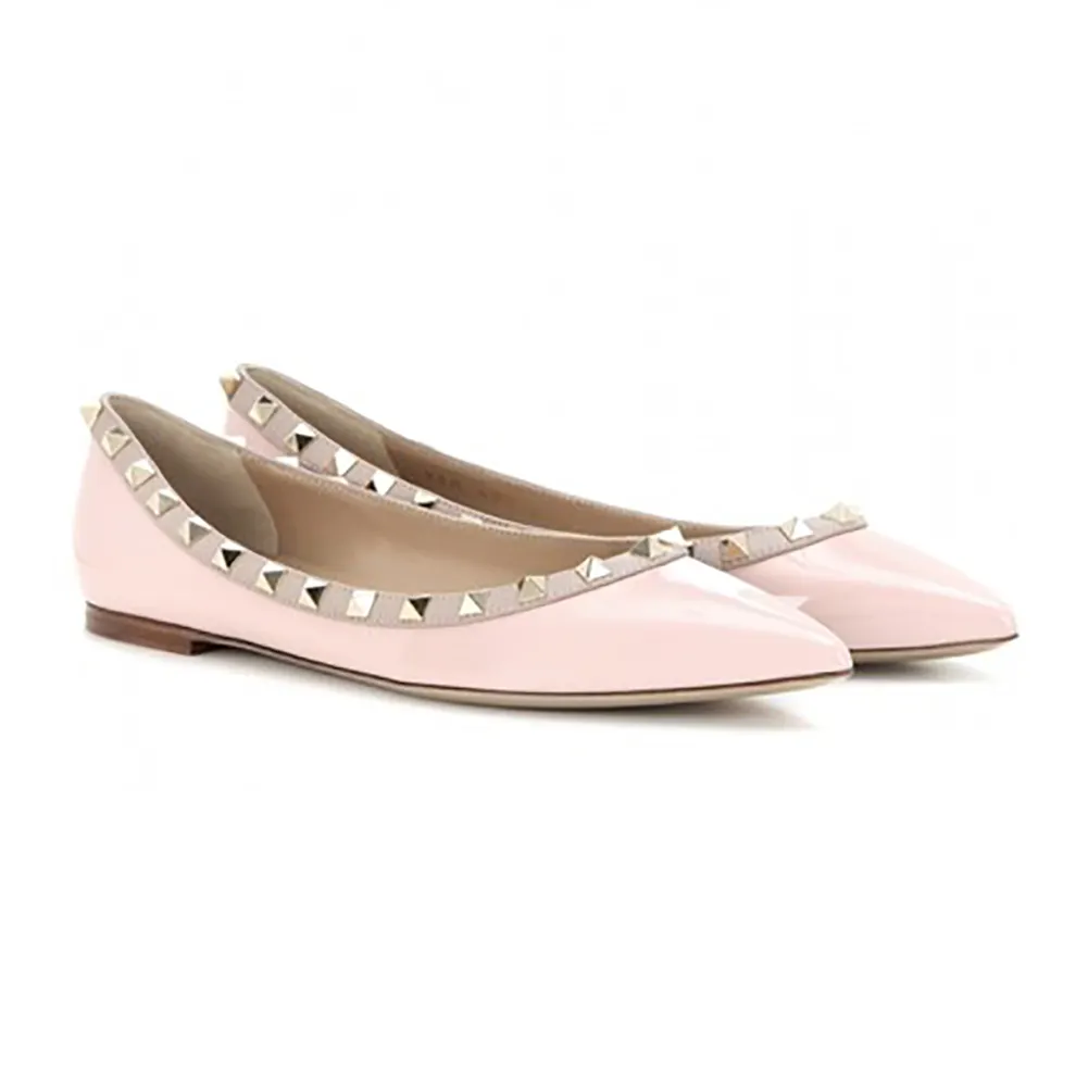 Pointed Toe Flats For Women Fashion Rivets Comfort Ballet Flats Pink Shoes-vocosishoes