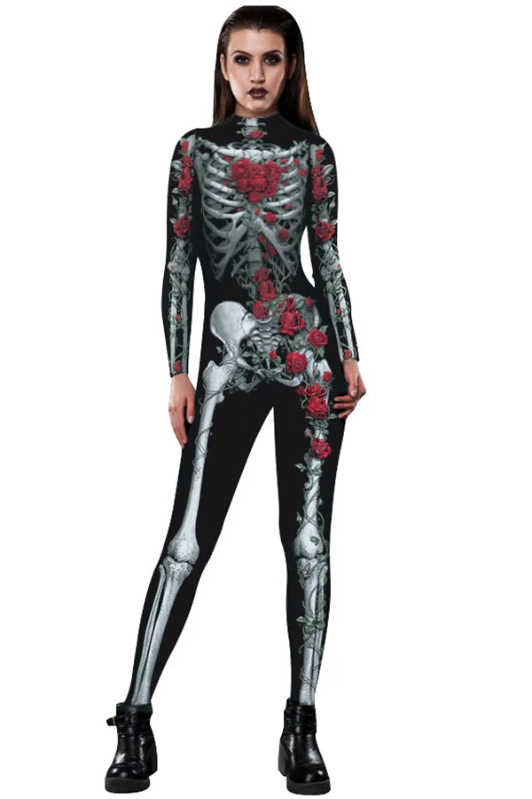 Rose Floral Skeleton Print Halloween Jumpsuit For Women-elleschic