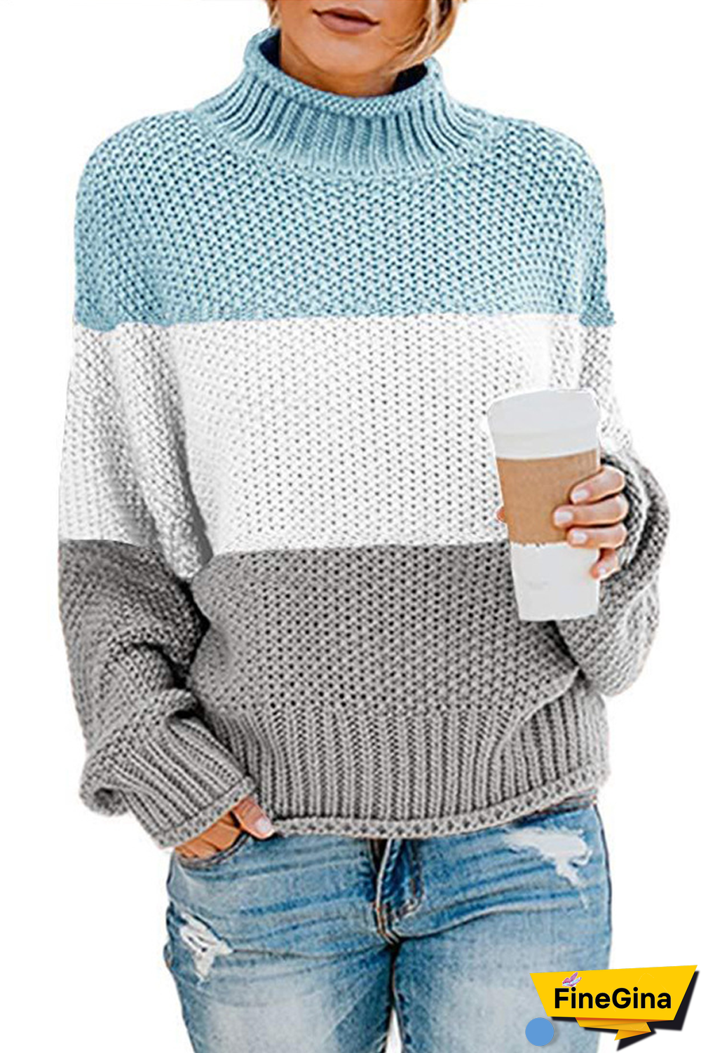 Color Block High Neck Leisure Sweater