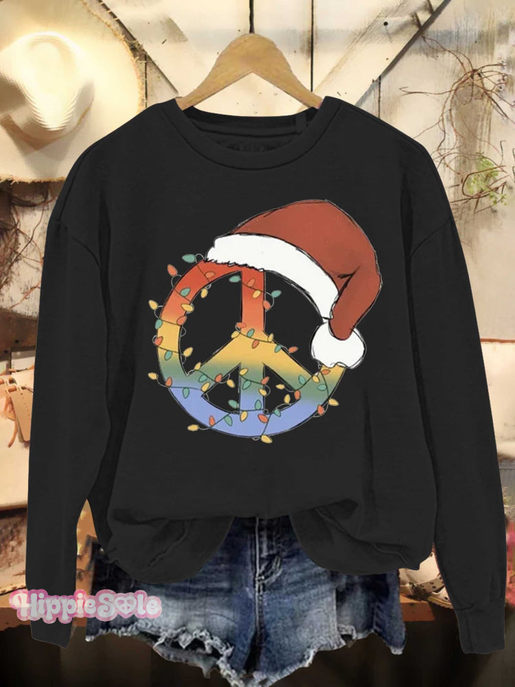 Christmas Santa Hat Hippie Peace Sign Love And Casual Sweatshirt Black / S
