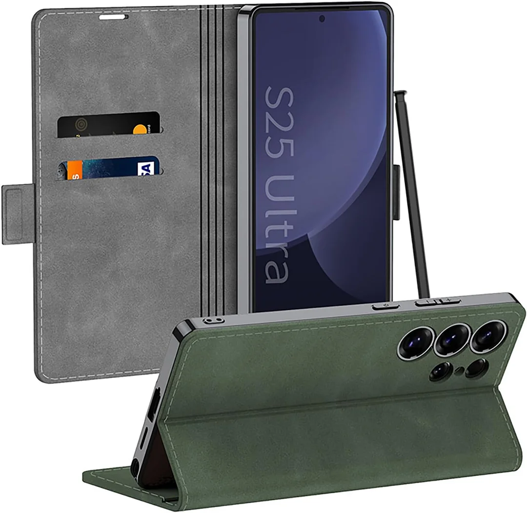 Flip Case for Samsung Galaxy S25 Ultra, Electroplated Leather Cover with Card Holder Magnetic Closure Shockproof Wallet Case,Black,S25 Ultra (S25 Ultra,Gray)