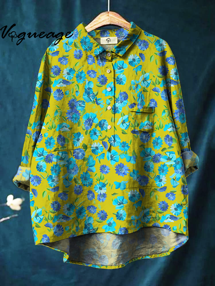Elegant Plants And Flowers Printed Cotton And Linen Shirt