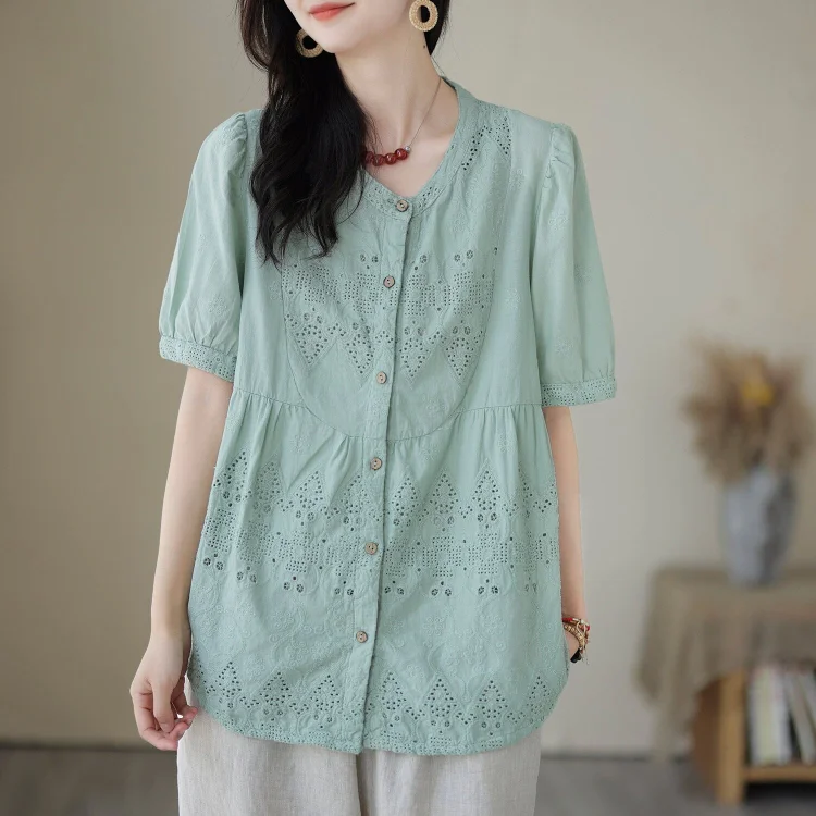 Women Summer Casual Linen Embroidery T-Shirt