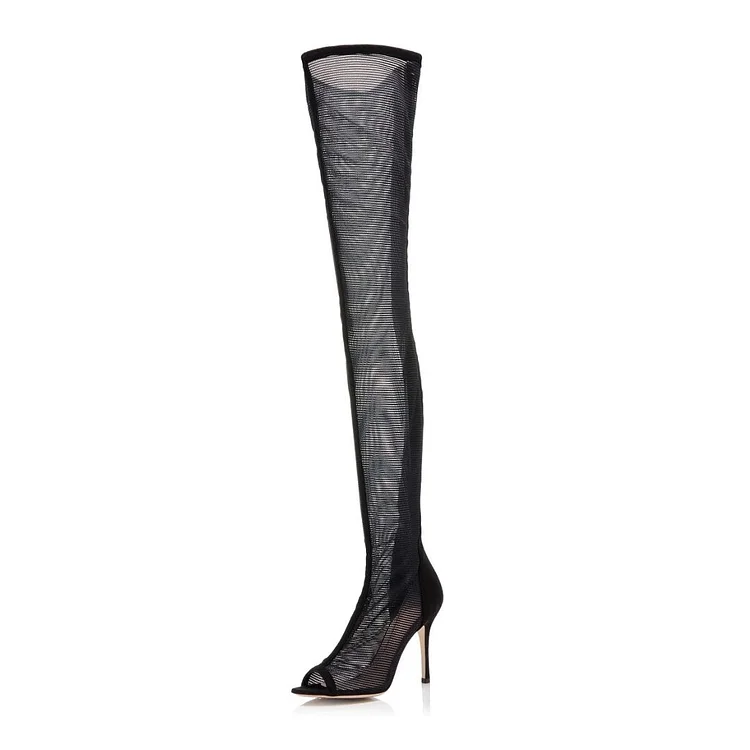 Black Long Boots Nets Stiletto Heel Thigh-high Boots |FSJ Shoes