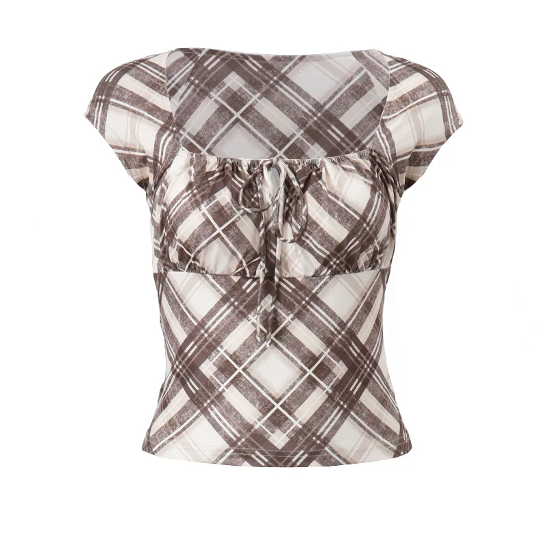 Brownm Brownm New Sexy Hot Girl Pleated Lace Bump Color Plaid Square Collar Slim Short-Sleeved T-Shirt Top