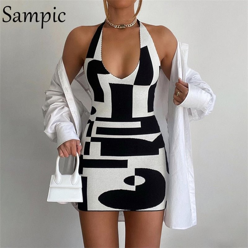 Sampic Knitted Halter Sweater Dress Women Sexy Party Club Sleeveless Y2K Print Mini Wrap Dress 2021 Autumn Backless Dresses