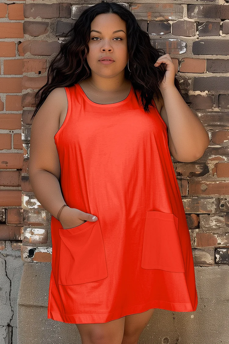 Xpluswear Design Plus Size Orange Round Neck Sleeveless Pocket Vest Mini Dress [Pre-Order]