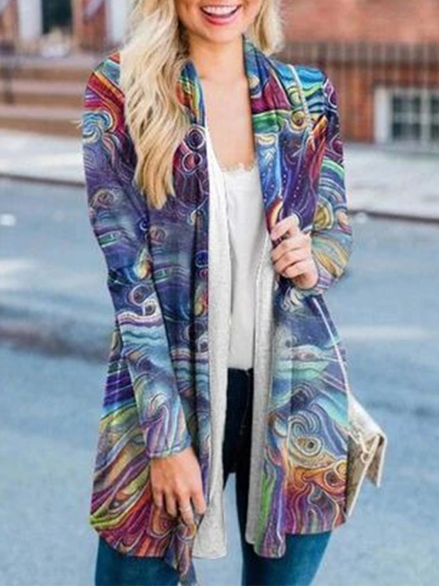 Geometric Abstract Printed Long Sleeves Plus Size Casual Cardigan