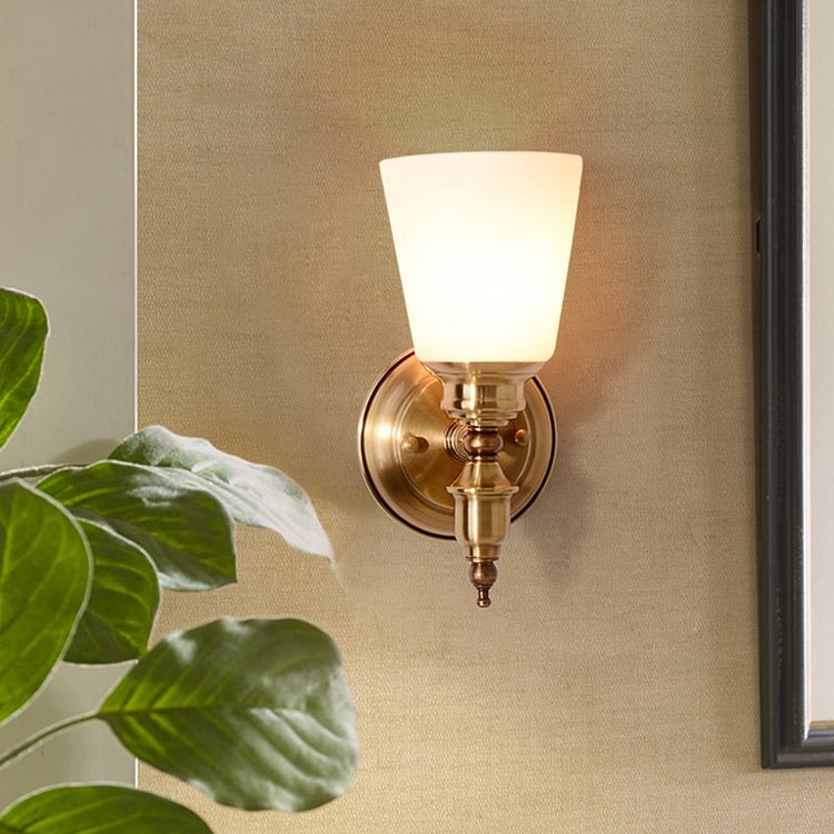 1-Head Sconce Light Fixture with Cone Shade White Glass Modernist Style Bedroom Wall Lamp in Gold
